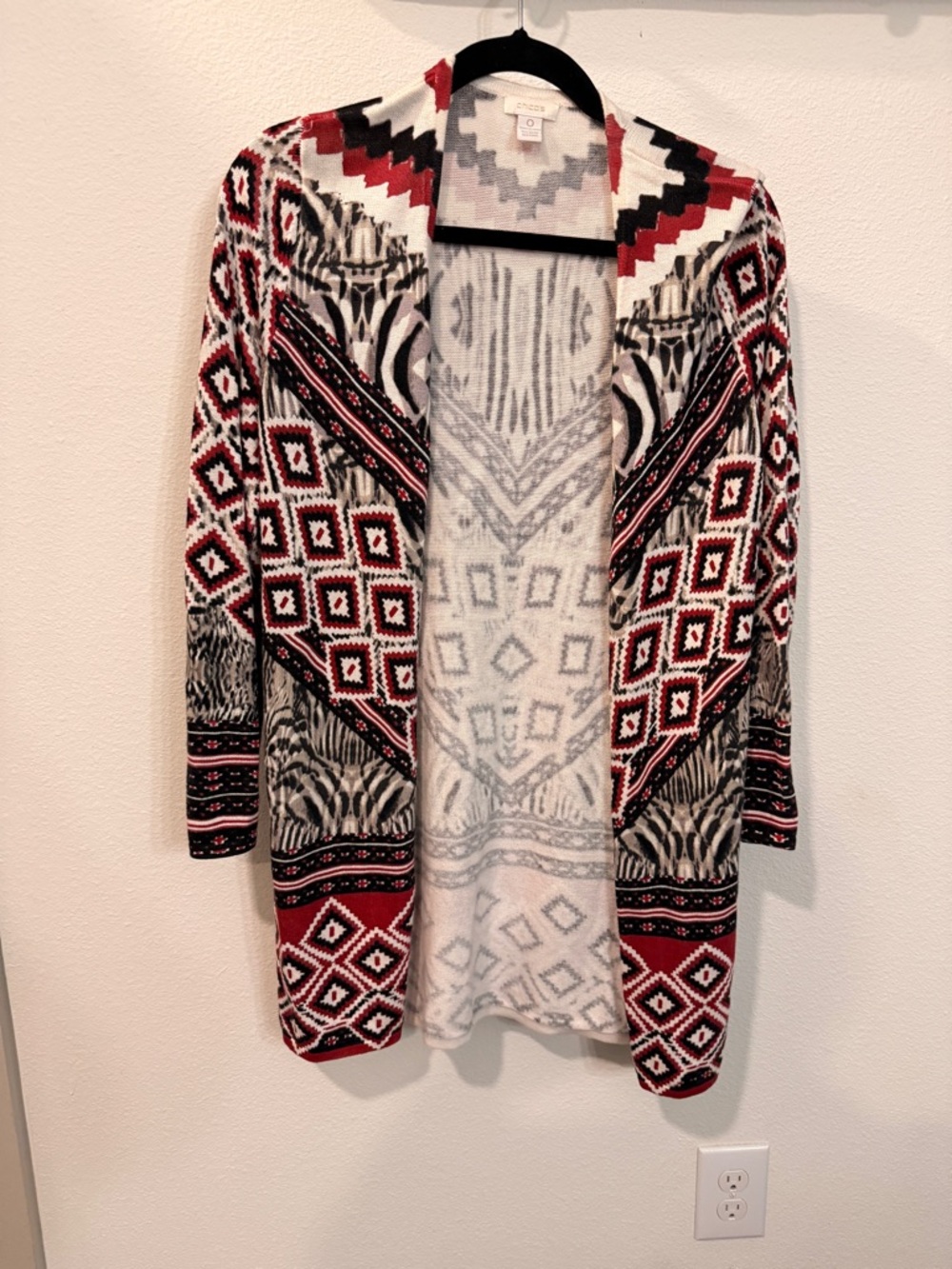 Chico's Open-Front Geometric Cardigan - Red, Black, White